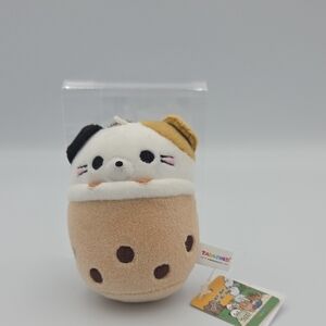 Takashoji Boba Tea Calico Cat Soft Keychain 3” Stuffed Plush White NWT Round1